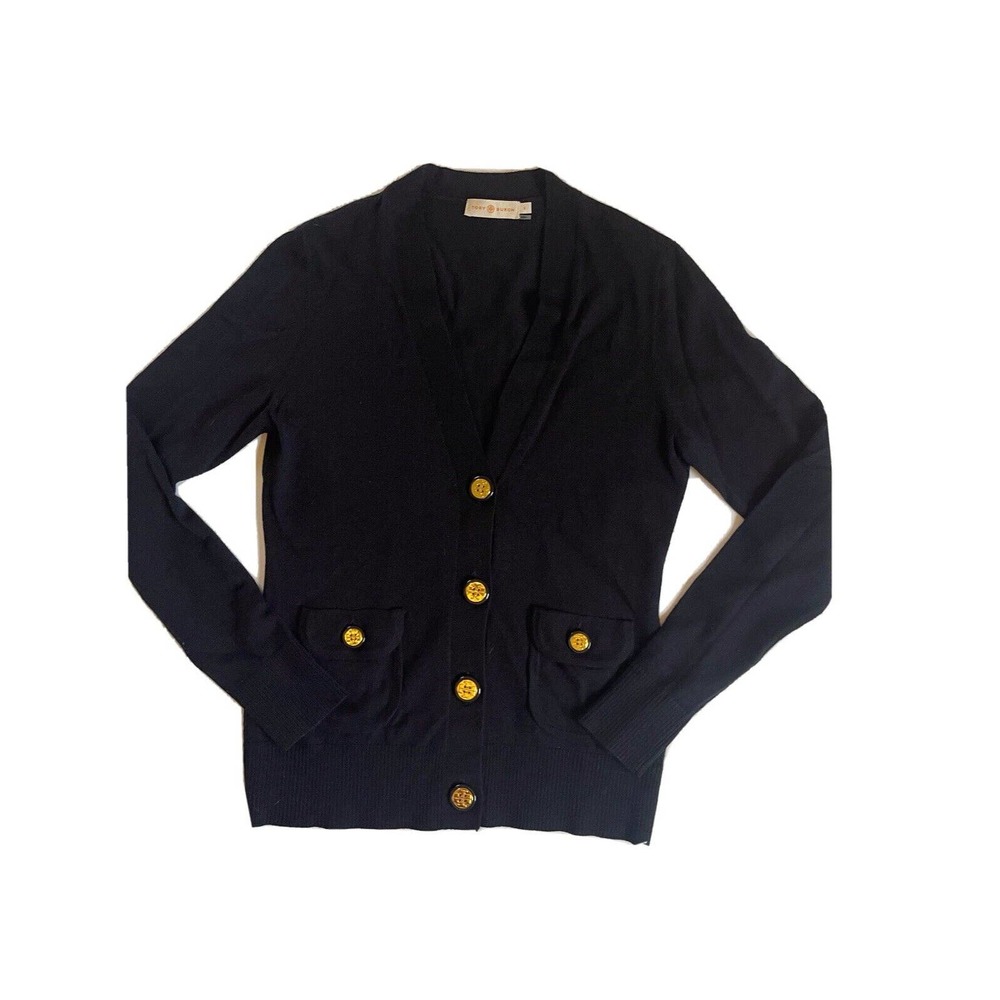 TORY BURCH Women’s 100% Merino Wool Cardigan Navy Blue W/Gold Logo Buttons Small